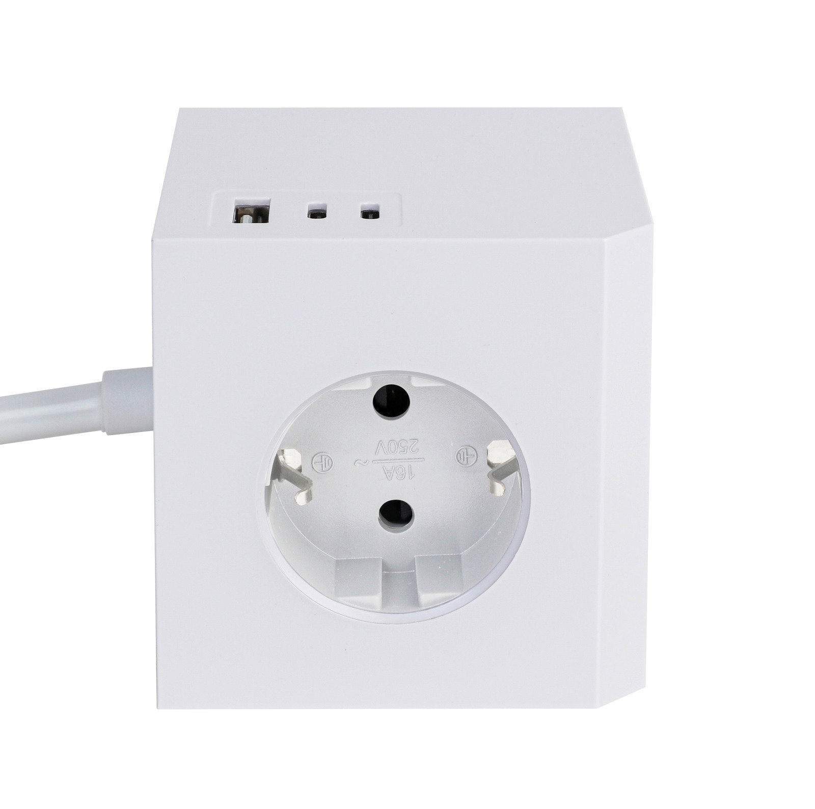 Weißer Steckdosenwürfel mit einer Steckdose und zwei USB-Anschlüssen, Vorderansicht