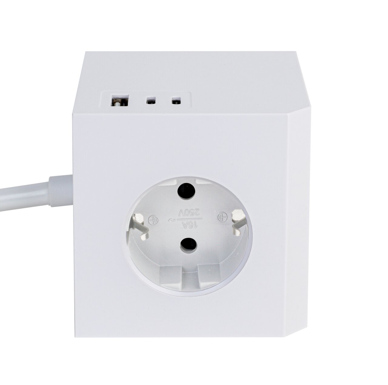 Witte stekkerdoos met één stopcontact en twee USB-aansluitingen, vooraanzicht