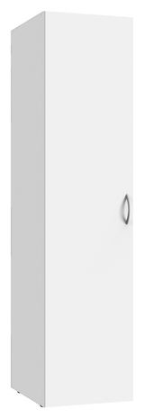 Weißer Kleiderschrank mit einer Tür und einem Griff, seitliche Perspektive