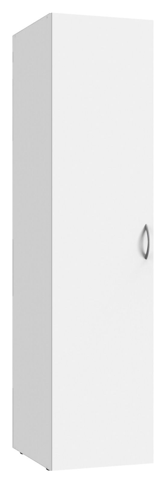 Weißer Kleiderschrank mit einer Tür und einem Griff, seitliche Perspektive