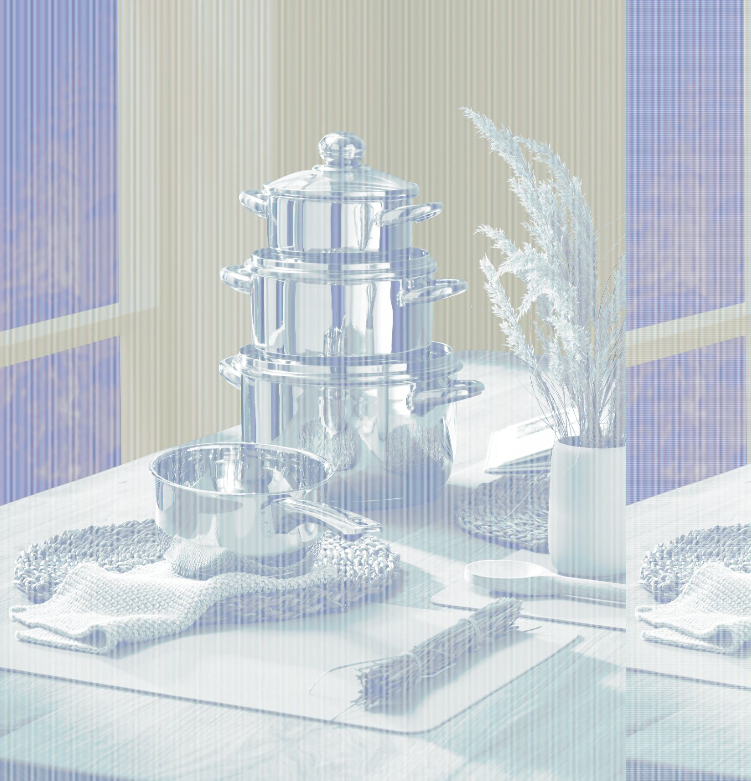 BOXXX Kochtopfset 4-tlg. Edelstahl Kochtopfset, 4-teilig, auf einem Holztisch arrangiert, seitliche Perspektive