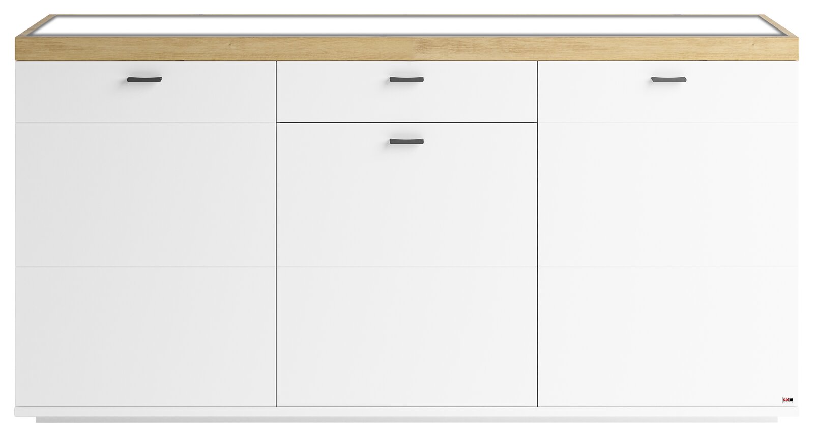 Frontale Ansicht eines modernen weißen Sideboards mit drei Schubladen und Holzoberfläche