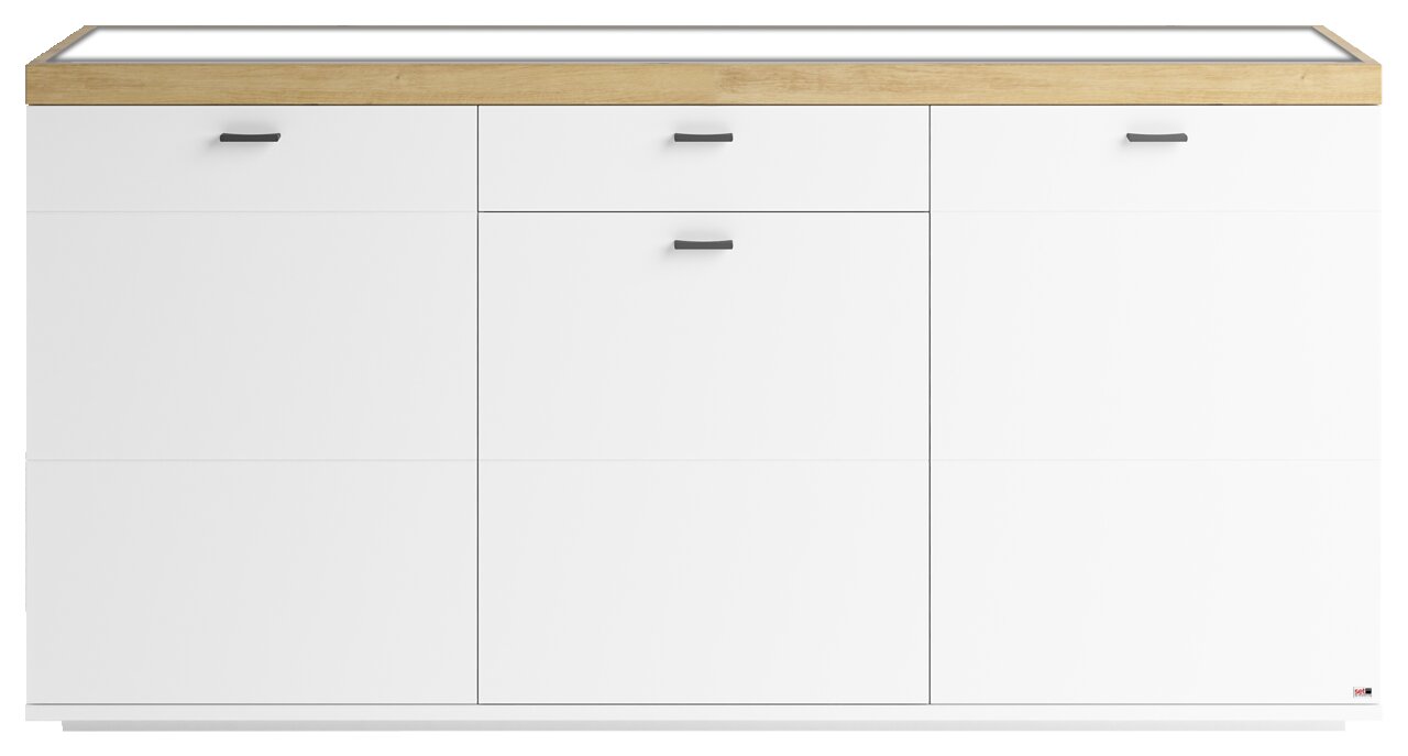 Frontale Ansicht eines modernen weißen Sideboards mit drei Schubladen und Holzoberfläche