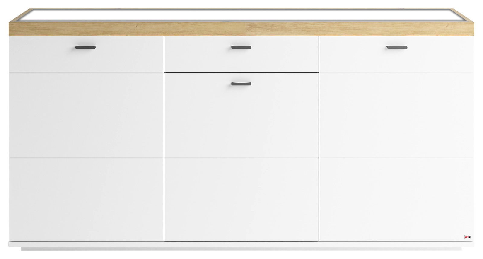 Frontale Ansicht eines modernen weißen Sideboards mit drei Schubladen und Holzoberfläche