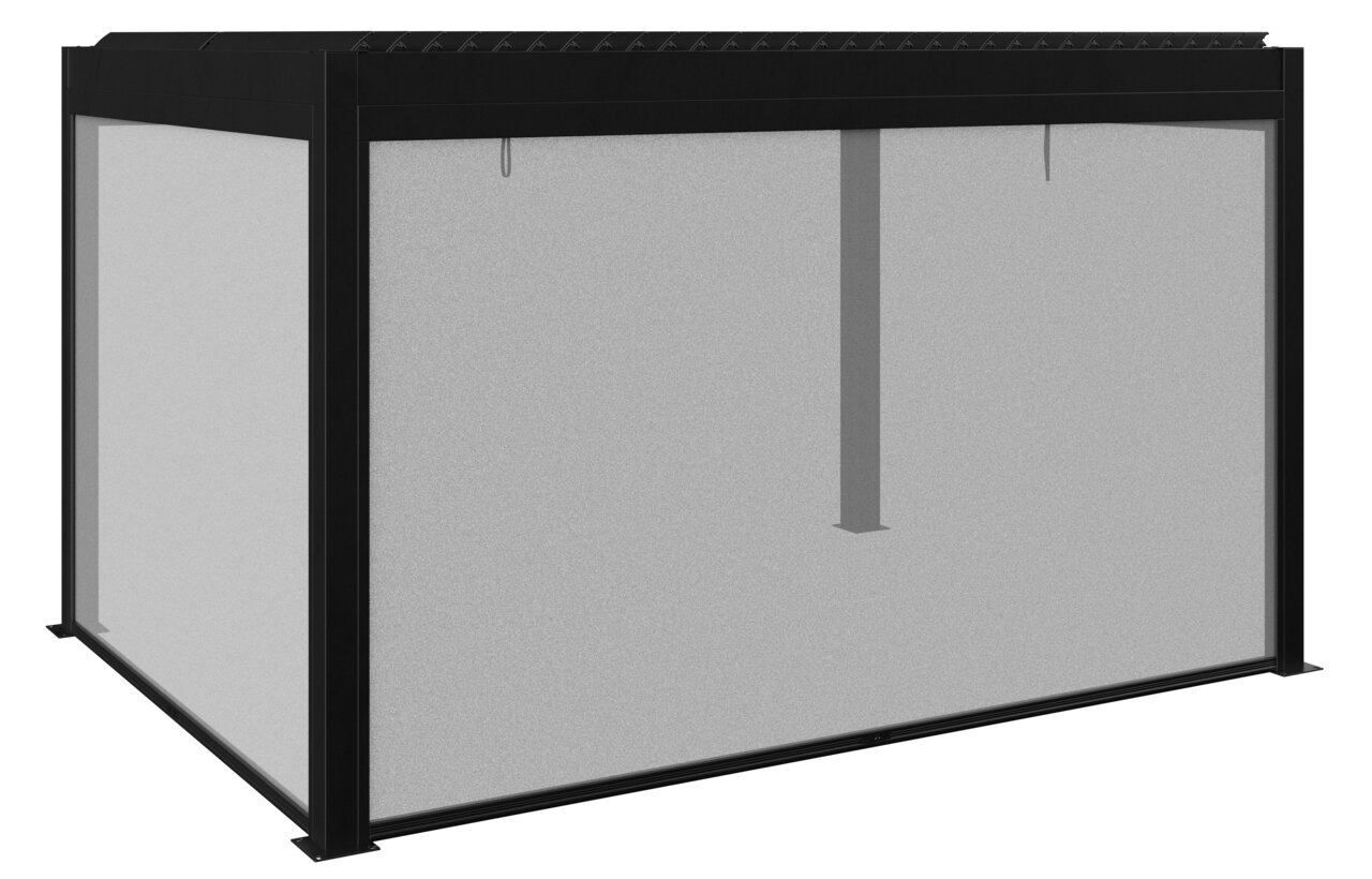 Modern paviljoen met zwart frame en grijze zijwanden, zijaanzicht