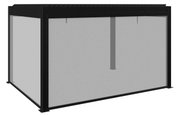 Modern paviljoen met zwart frame en grijze zijwanden, zijaanzicht