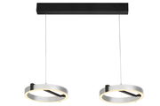 Moderne LED-Hängeleuchte mit zwei runden Leuchtringen, von der Seite betrachtet.