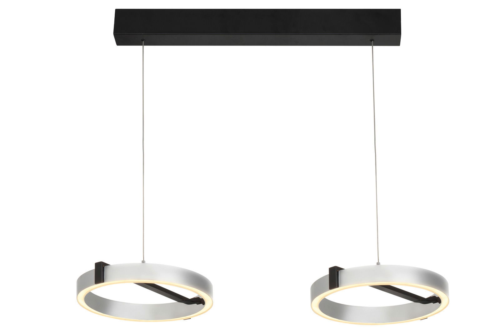 Moderne LED-Hängeleuchte mit zwei runden Leuchtringen, von der Seite betrachtet.