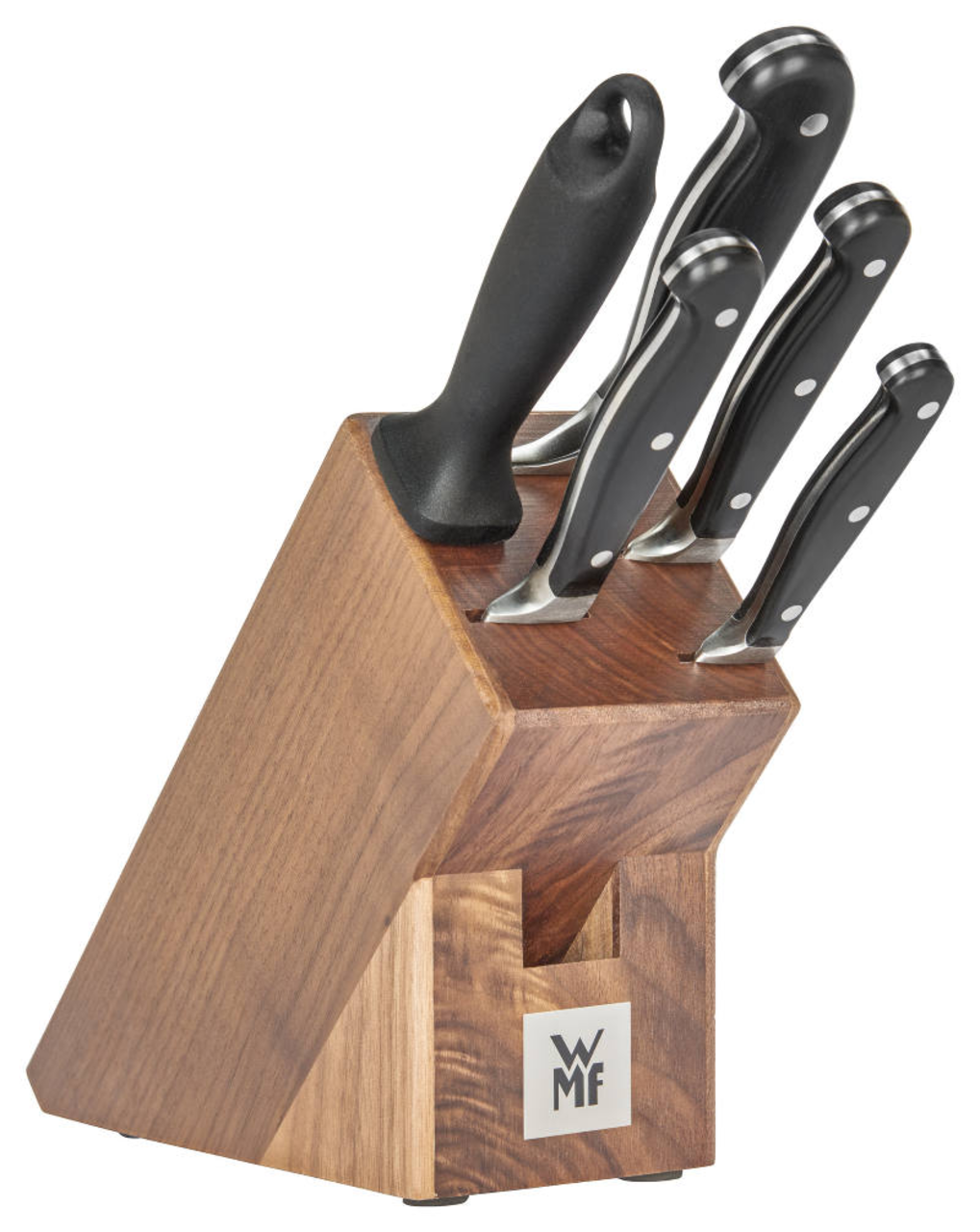 Messerblock Spitzenklasse 6-teilig aus Holz mit fünf Messern, seitliche Perspektive