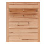 Frontale Ansicht einer Garderobenkombination aus Holz mit mehreren Haken und einer Ablage.