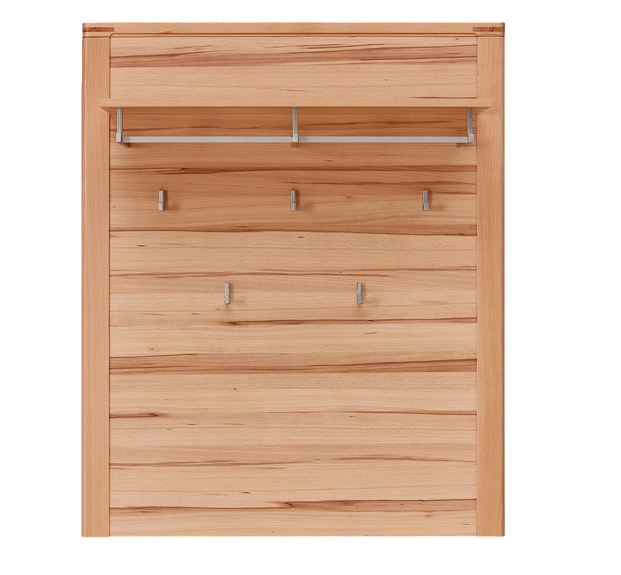 Frontale Ansicht einer Garderobenkombination aus Holz mit mehreren Haken und einer Ablage.
