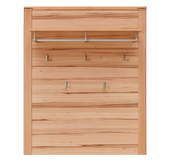 Frontale Ansicht einer Garderobenkombination aus Holz mit mehreren Haken und einer Ablage.