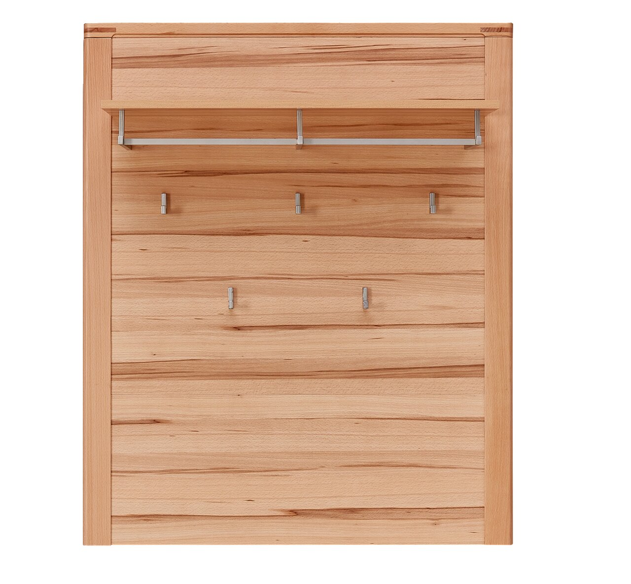 Vooraanzicht van een houten kapstokcombinatie met meerdere haken en een legplank.