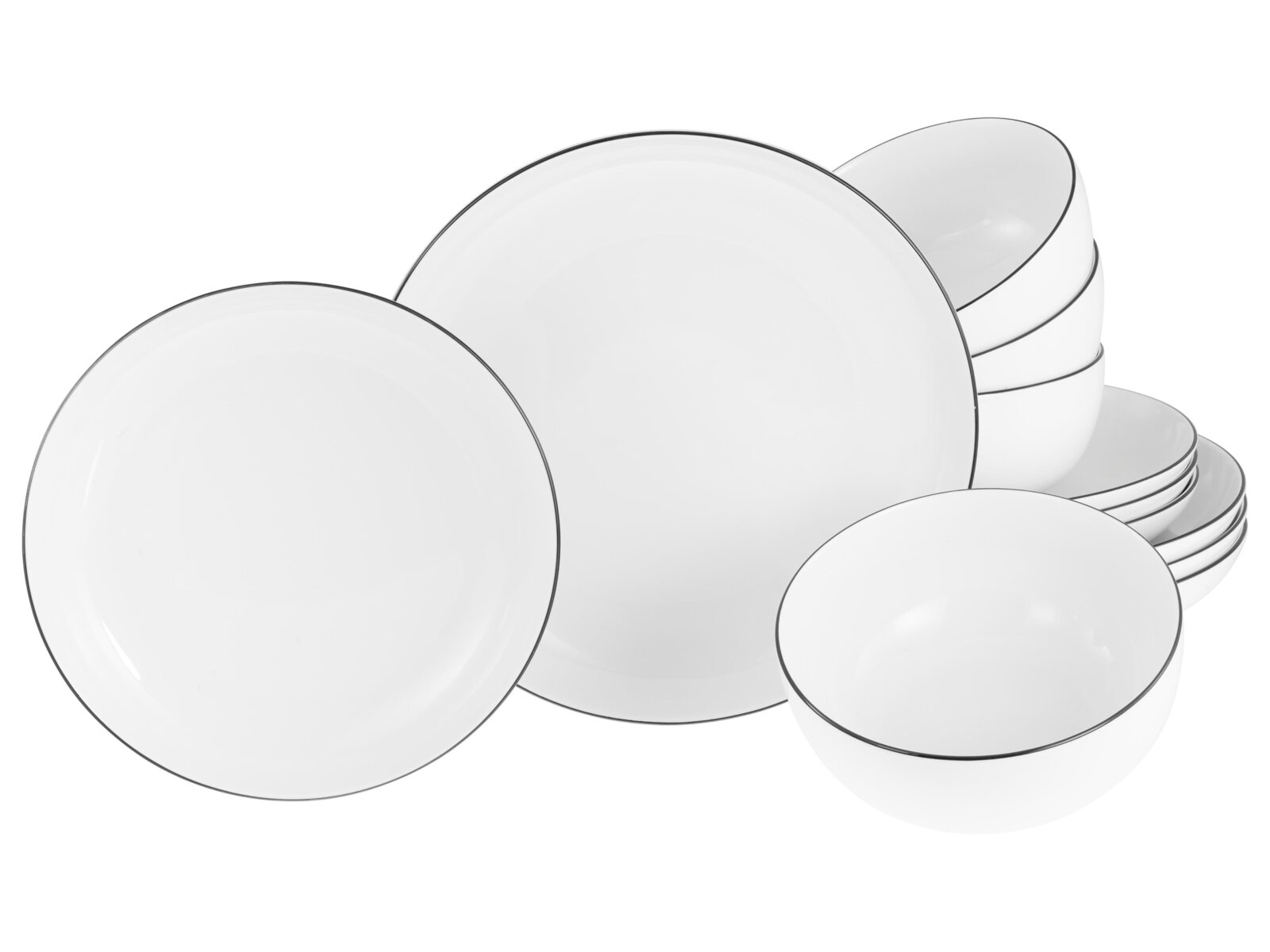 Creatable Tellerset 12-tlg ALLROUND Weißes Geschirrset mit Tellern und Schalen, jeweils mit schmalem grauem Rand, in schräger Vorderansicht vor weißem Hintergrund angeordnet.