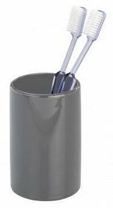Grauer Keramik Zahnputzbecher Polaris mit zwei Zahnbürsten, seitliche Perspektive
