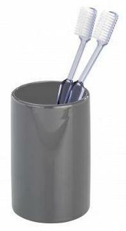 Grauer Keramik Zahnputzbecher Polaris mit zwei Zahnbürsten, seitliche Perspektive