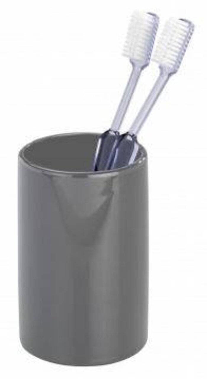 Grauer Keramik Zahnputzbecher Polaris mit zwei Zahnbürsten, seitliche Perspektive