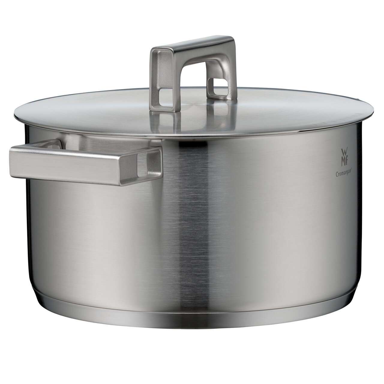 Topf aus Edelstahl mit Deckel, seitliche Perspektive, Teil des WMF Ultimate Cool Topf-Sets