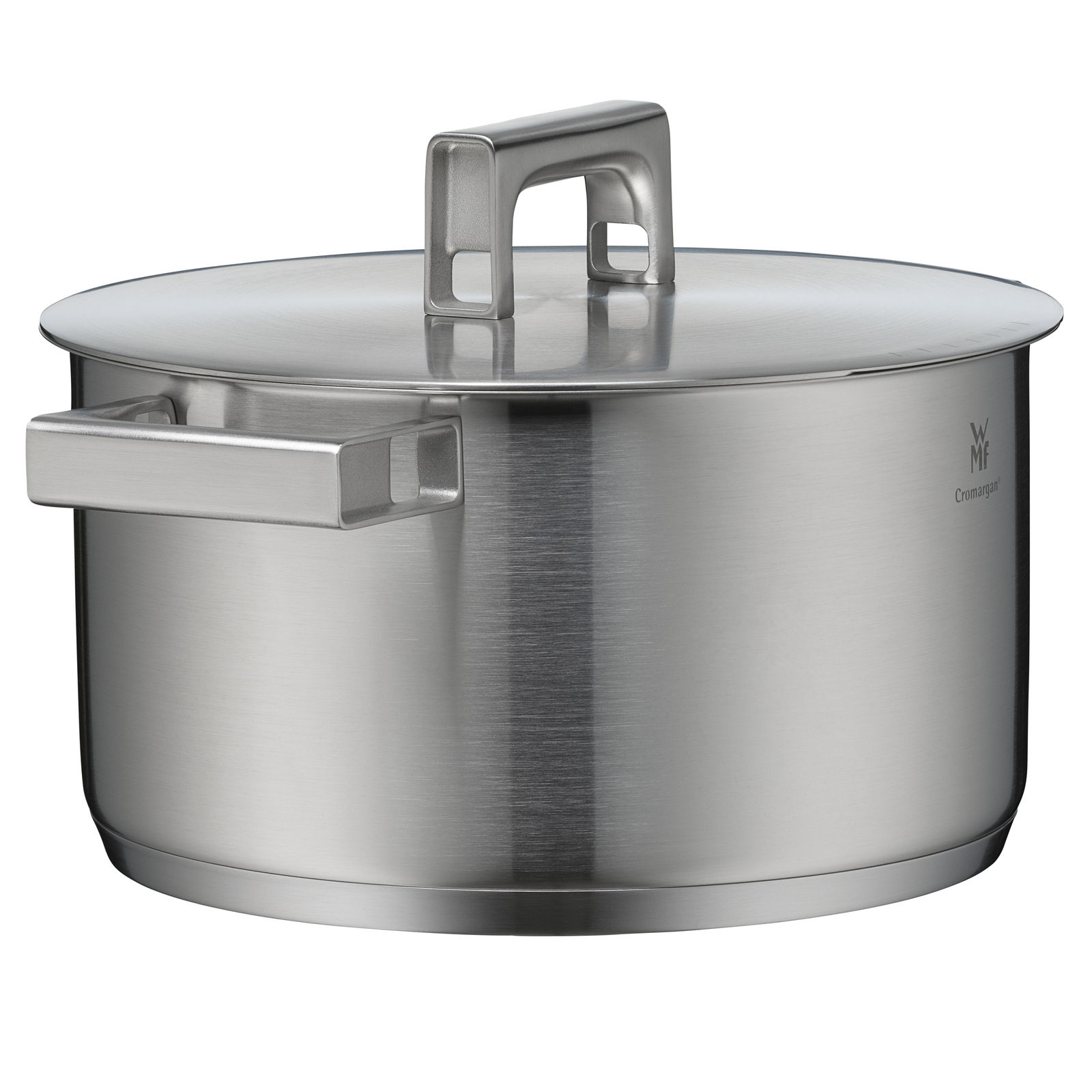 Topf aus Edelstahl mit Deckel, seitliche Perspektive, Teil des WMF Ultimate Cool Topf-Sets