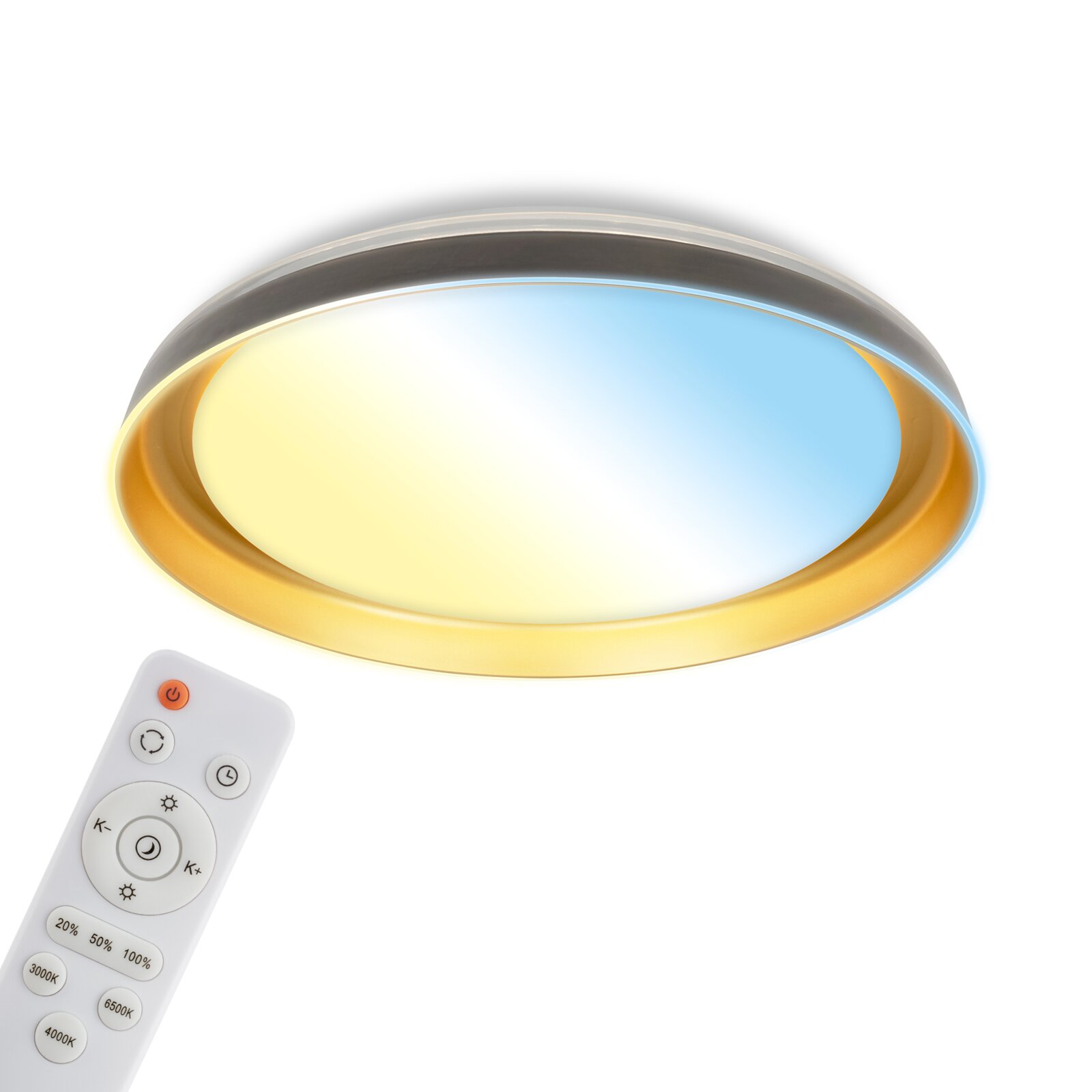 Ronde LED-plafondlamp met instelbare warm- tot koelwitte verlichting en afstandsbediening, schuin van onderen weergegeven