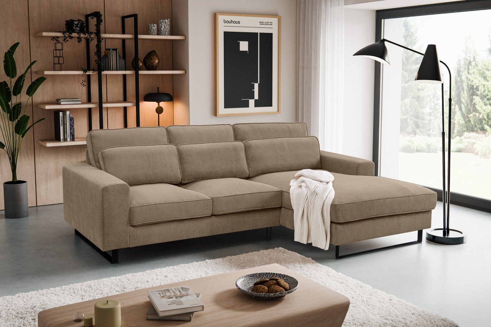 MID.YOU Sofa L-Form rechts BOLIVIA Modernes L-förmiges Sofa in einem stilvollen Wohnzimmer, Perspektive von vorne rechts