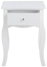 Weiße Nachtkonsole mit geschwungenen Beinen und einer offenen Schublade, Frontalansicht