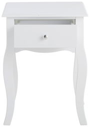Weiße Nachtkonsole mit geschwungenen Beinen und einer offenen Schublade, Frontalansicht
