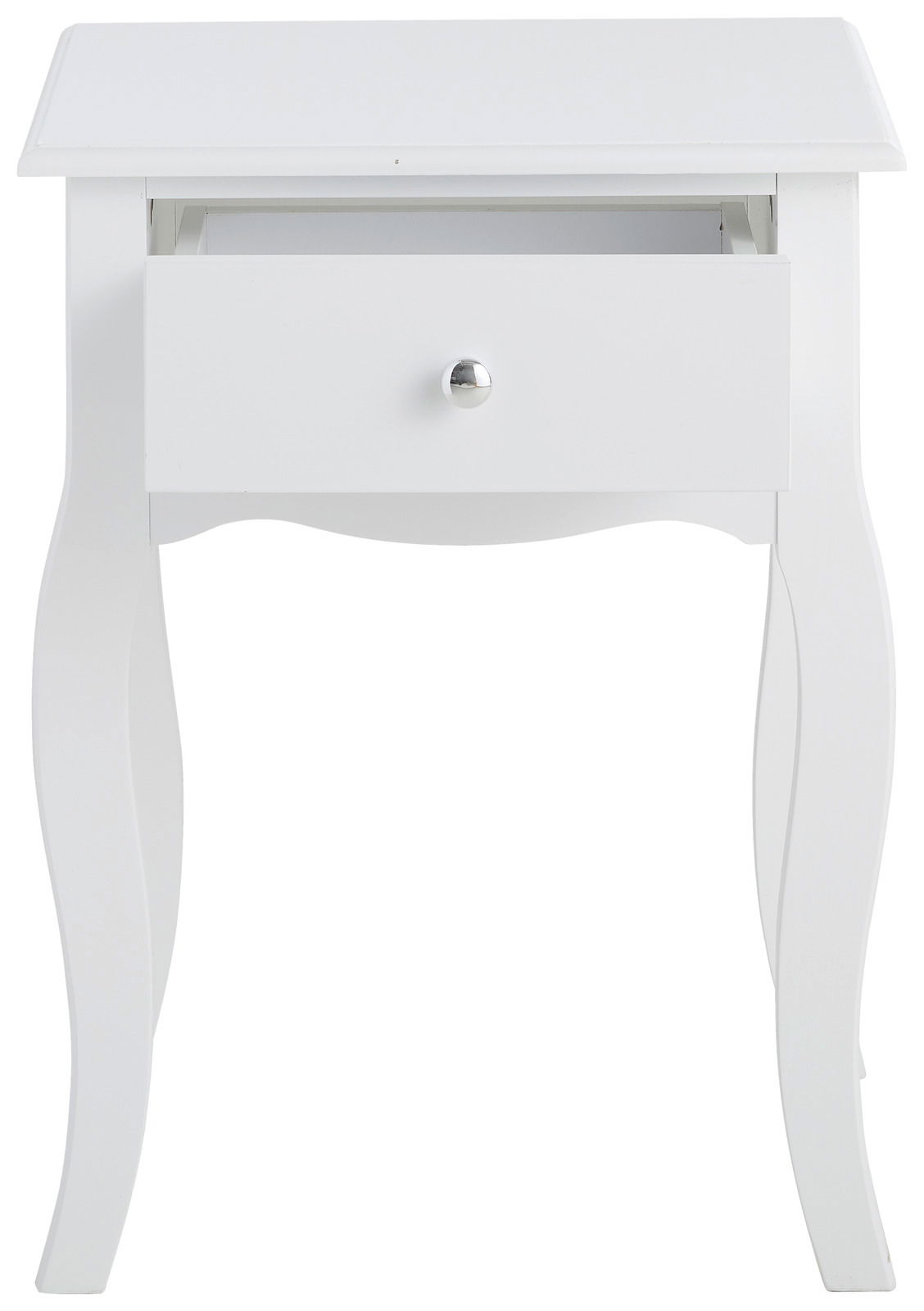 Weiße Nachtkonsole mit geschwungenen Beinen und einer offenen Schublade, Frontalansicht