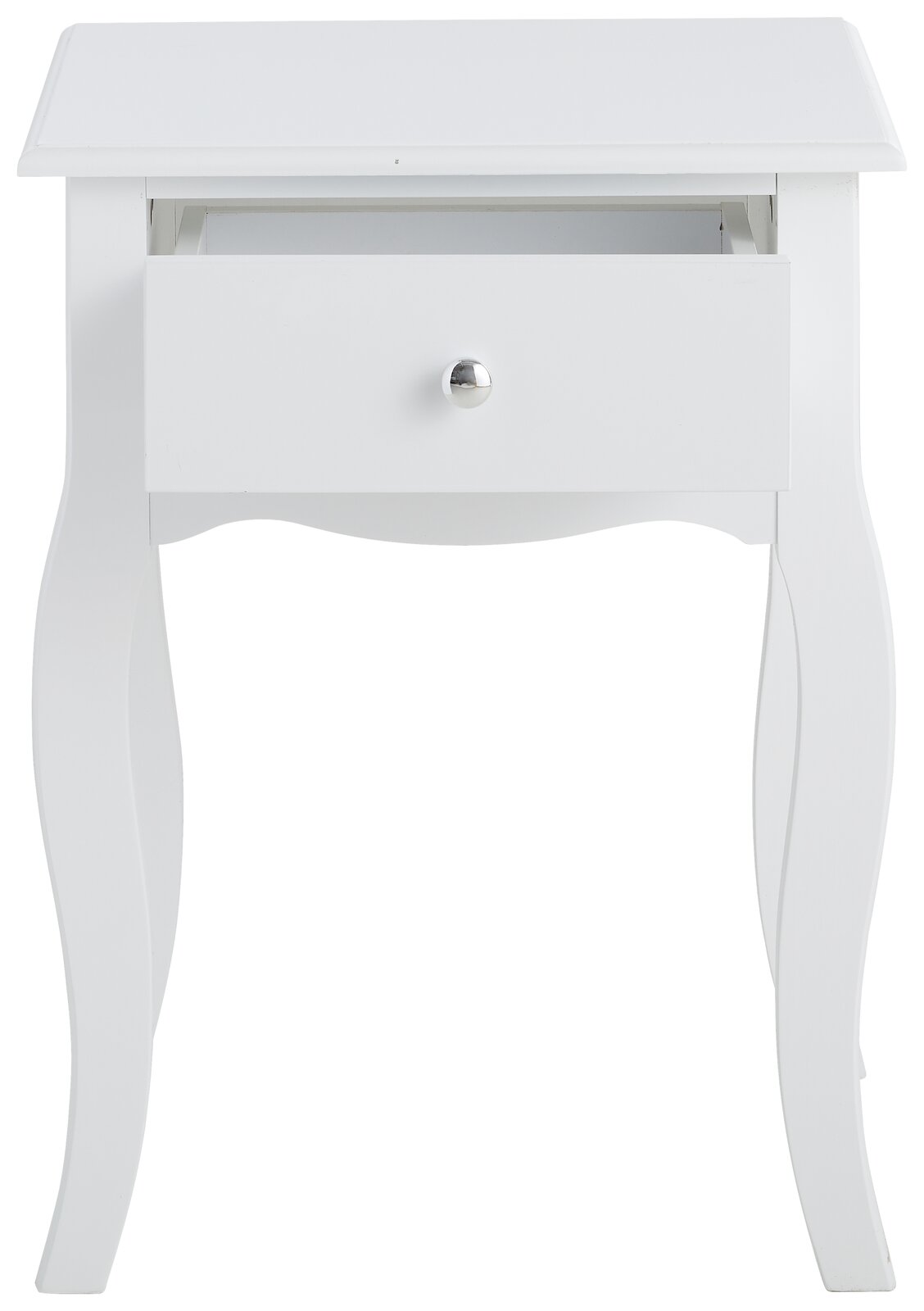 Weiße Nachtkonsole mit geschwungenen Beinen und einer offenen Schublade, Frontalansicht