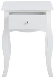 Weiße Nachtkonsole mit geschwungenen Beinen und einer offenen Schublade, Frontalansicht