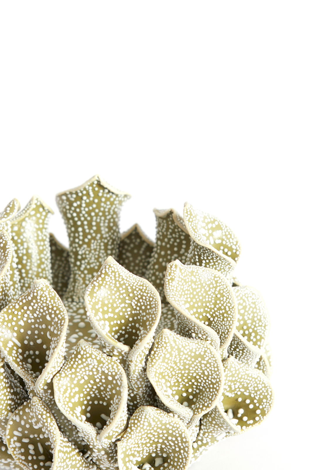 Nahaufnahme eines dekorativen Teelichthalters in organischer Form mit grünlichen, punktierten Strukturen, die an Korallen erinnern.