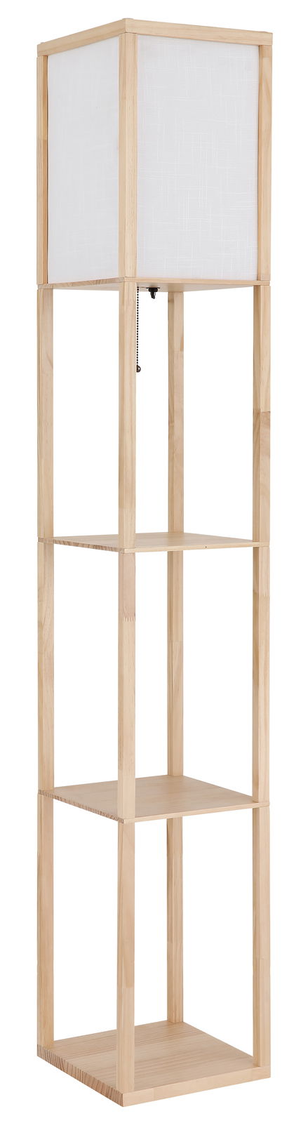 Stehleuchte TABITHA von Globo Lighting aus hellem Holz mit weißem Lampenschirm, frontal abgebildet.