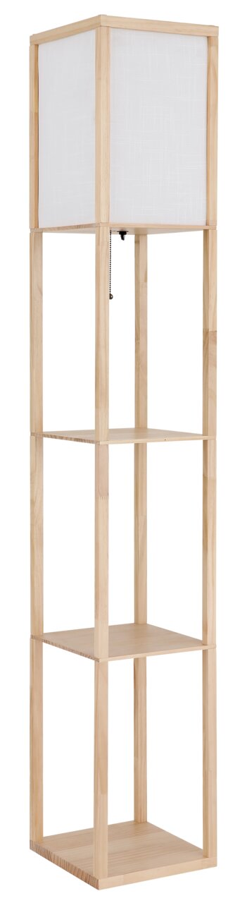Staande lamp TABITHA van Globo Lighting, gemaakt van lichtgekleurd hout met een witte lampenkap, hier van voren afgebeeld.