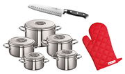 Topfset Romana 7-tlg. aus Edelstahl mit Glasdeckeln, Küchenmesser und rotem Ofenhandschuh, Ansicht von oben