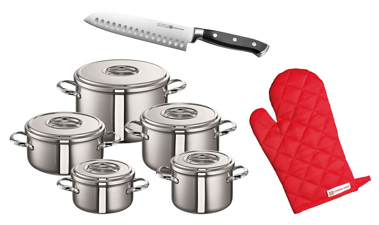 Topfset Romana 7-tlg. aus Edelstahl mit Glasdeckeln, Küchenmesser und rotem Ofenhandschuh, Ansicht von oben