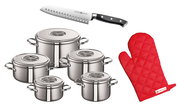Topfset Romana 7-tlg. aus Edelstahl mit Glasdeckeln, Küchenmesser und rotem Ofenhandschuh, Ansicht von oben