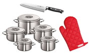 Topfset Romana 7-tlg. aus Edelstahl mit Glasdeckeln, Küchenmesser und rotem Ofenhandschuh, Ansicht von oben