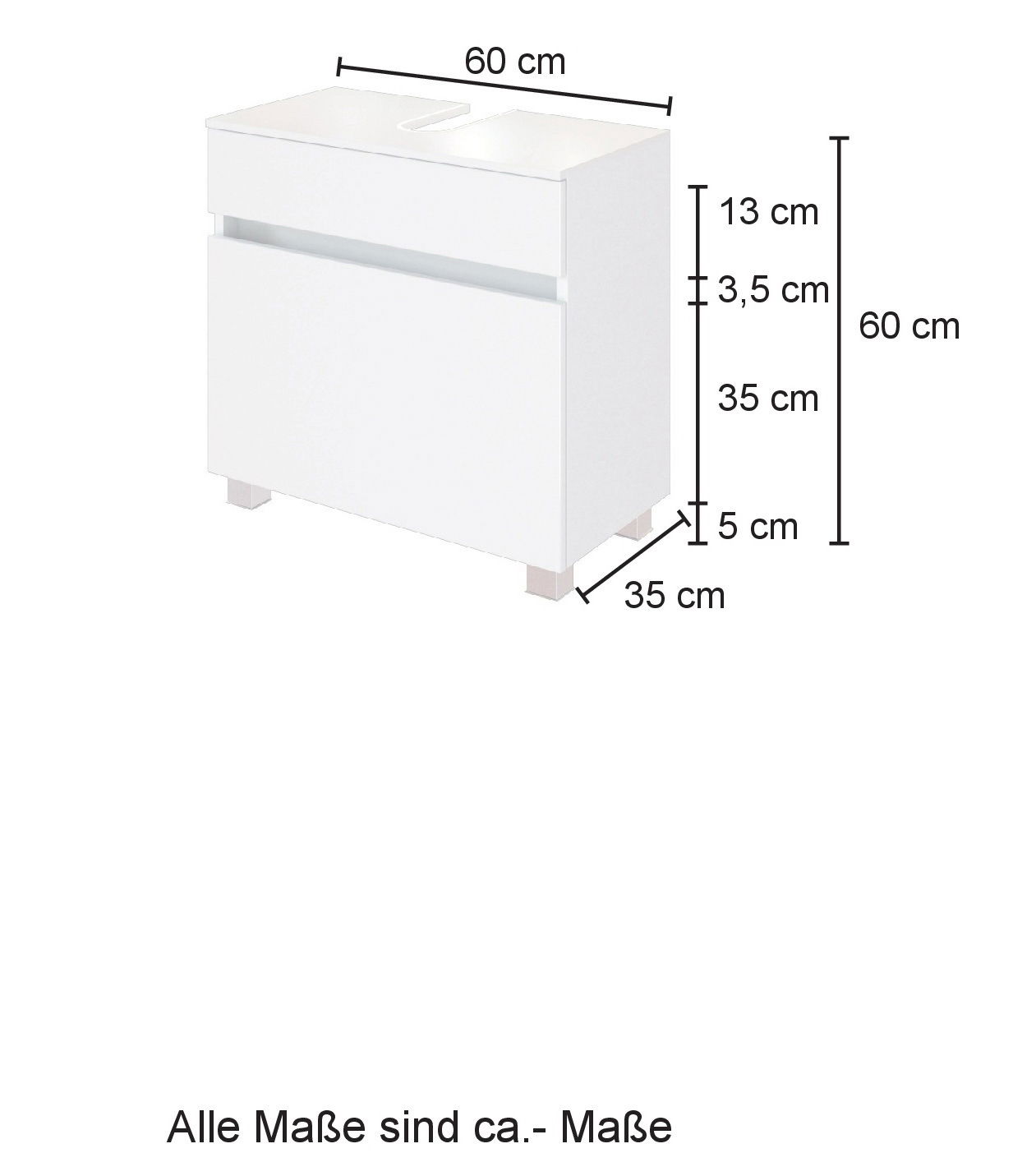 Weißer Waschbeckenunterschrank mit zwei Schubladen, Maße ca. 60 cm x 35 cm x 60 cm, Frontansicht