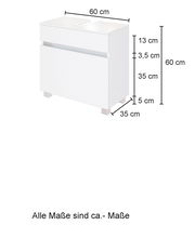 Weißer Waschbeckenunterschrank mit zwei Schubladen, Maße ca. 60 cm x 35 cm x 60 cm, Frontansicht