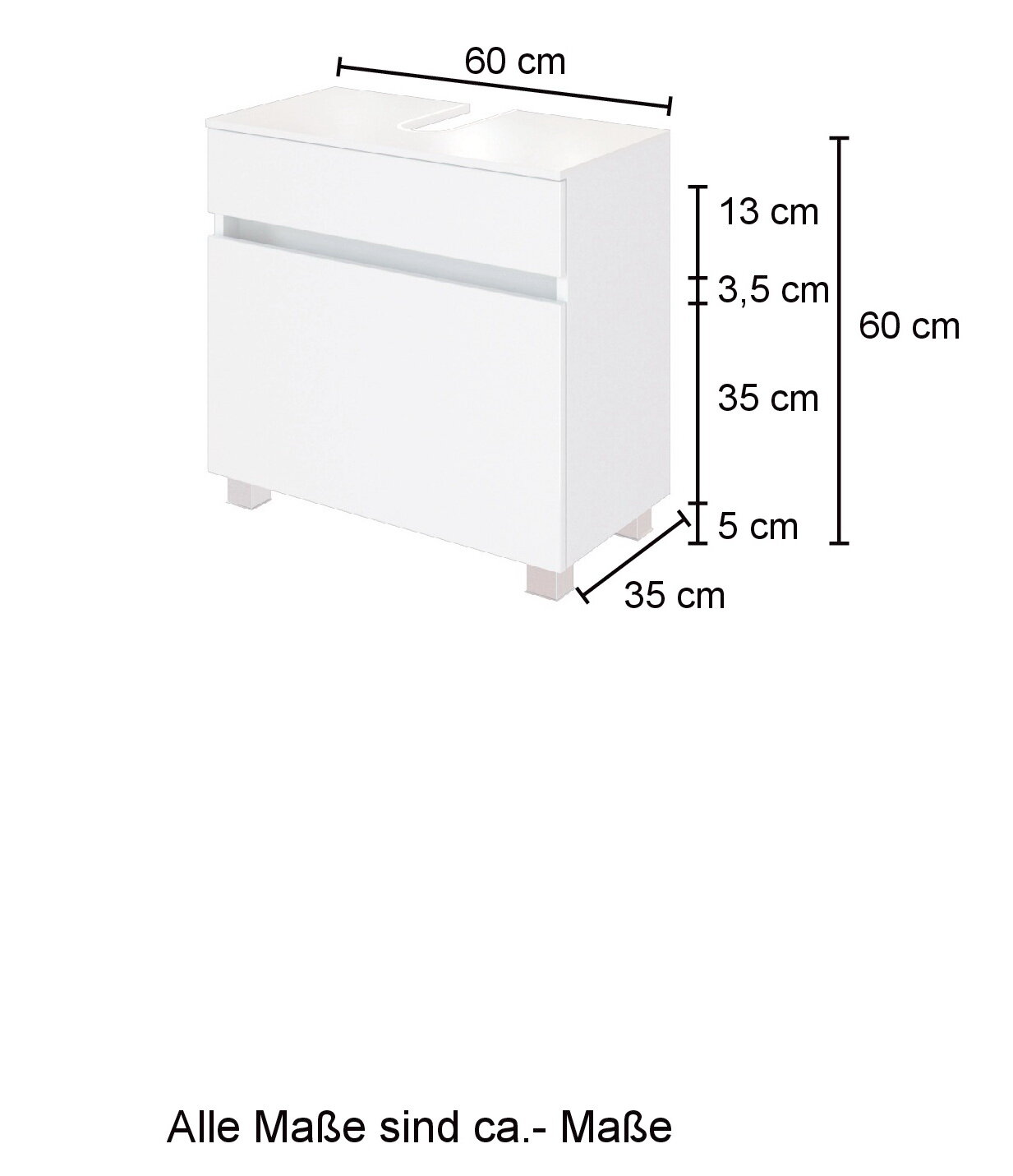 Weißer Waschbeckenunterschrank mit zwei Schubladen, Maße ca. 60 cm x 35 cm x 60 cm, Frontansicht