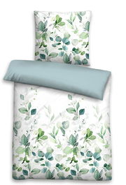 Bettwäsche-Set mit floralem Muster in Grüntönen, bestehend aus einem Kissenbezug und einem Bettdeckenbezug, aus der Vogelperspektive fotografiert.