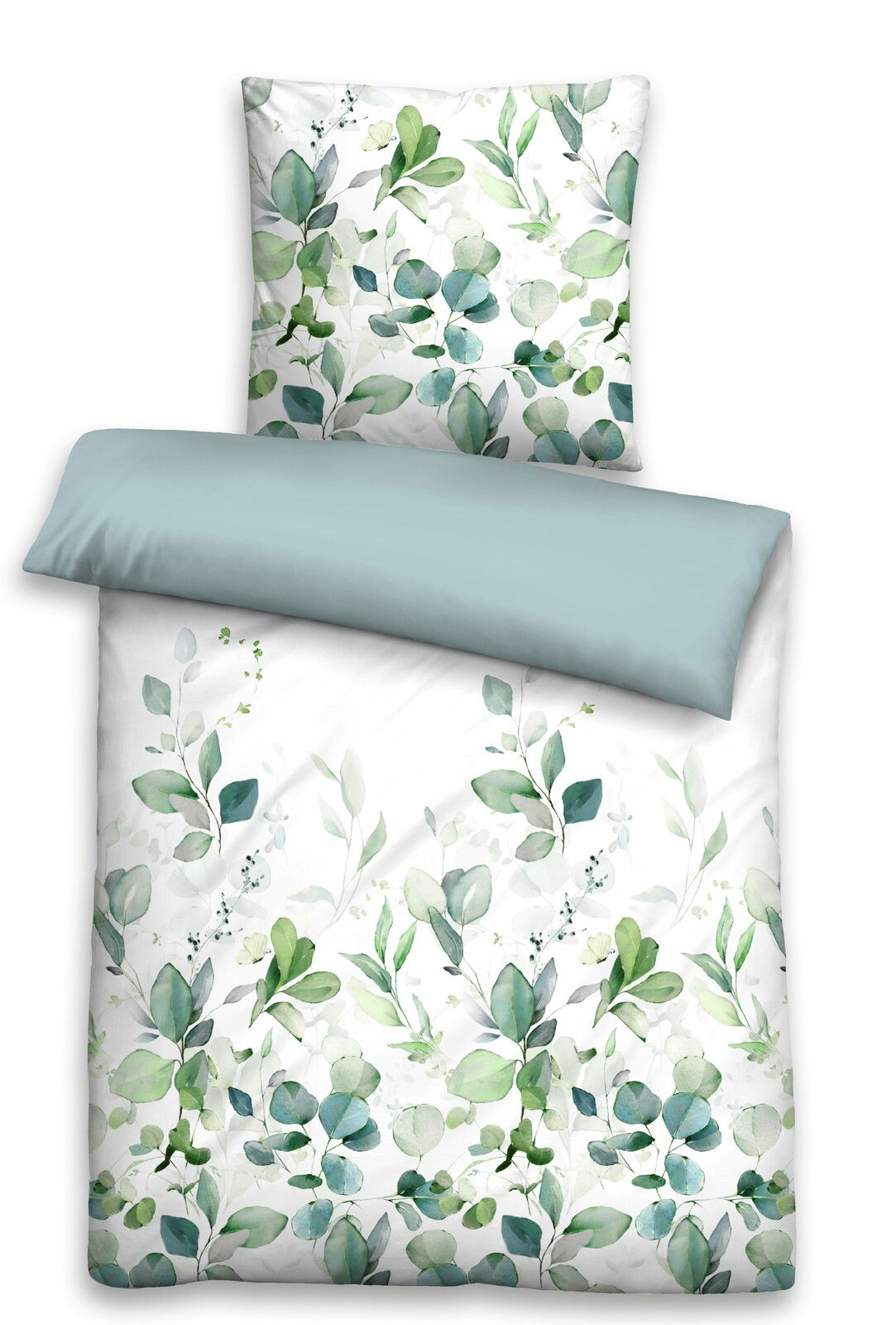 Bettwäsche-Set mit floralem Muster in Grüntönen, bestehend aus einem Kissenbezug und einem Bettdeckenbezug, aus der Vogelperspektive fotografiert.