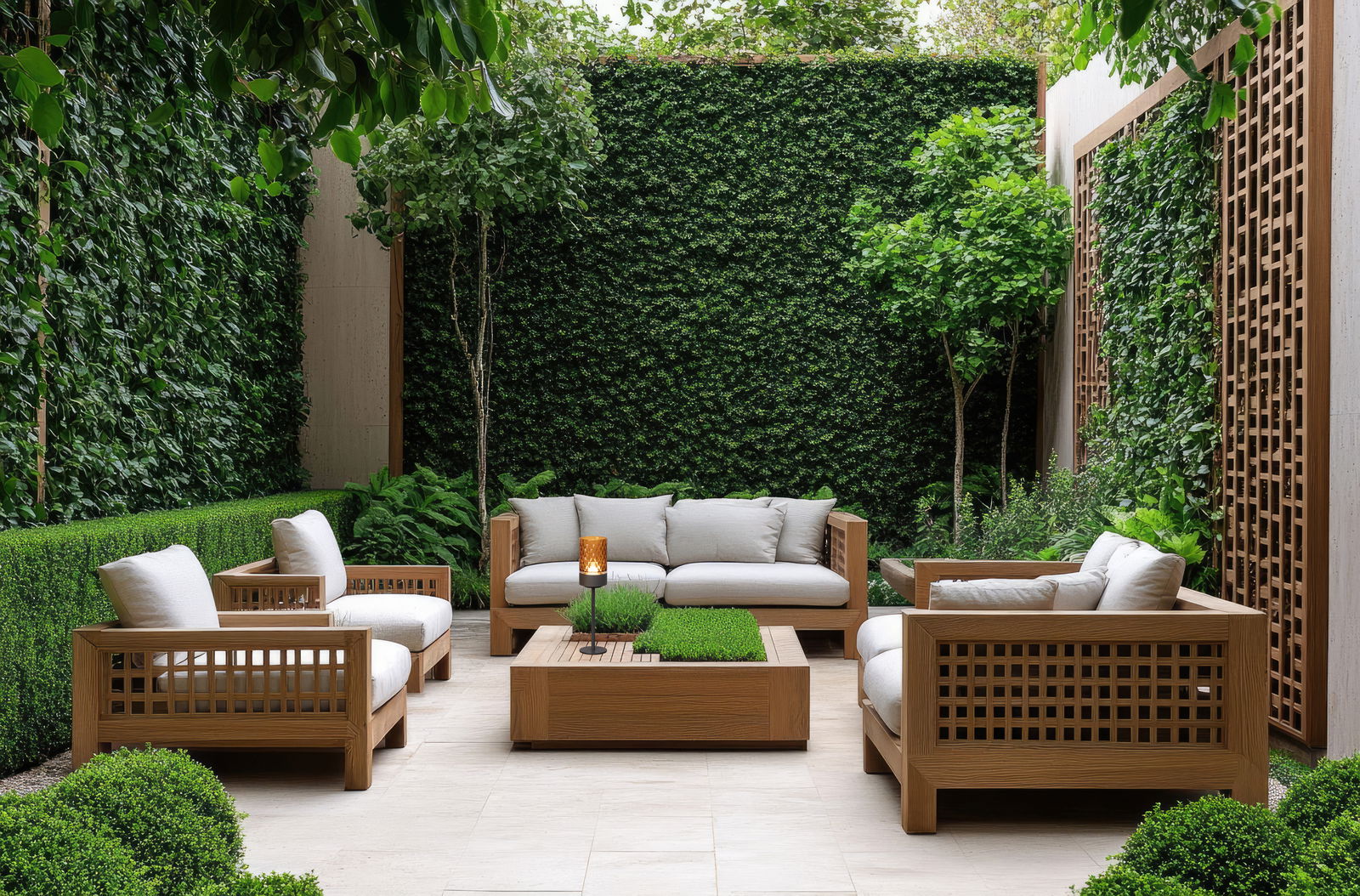 Moderner Garten mit stilvollen Holzmöbeln und Akku-Windlicht auf einem Tisch, umgeben von üppigem Grün. Perspektive: Frontalansicht auf die Sitzgruppe.