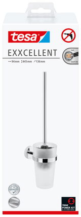 Verpackung der tesa Exxcellent WC-Bürstengarnitur, frontal abgebildet, mit hochwertigem Chrom-Finish und einfachem Montagesystem ohne Bohren.