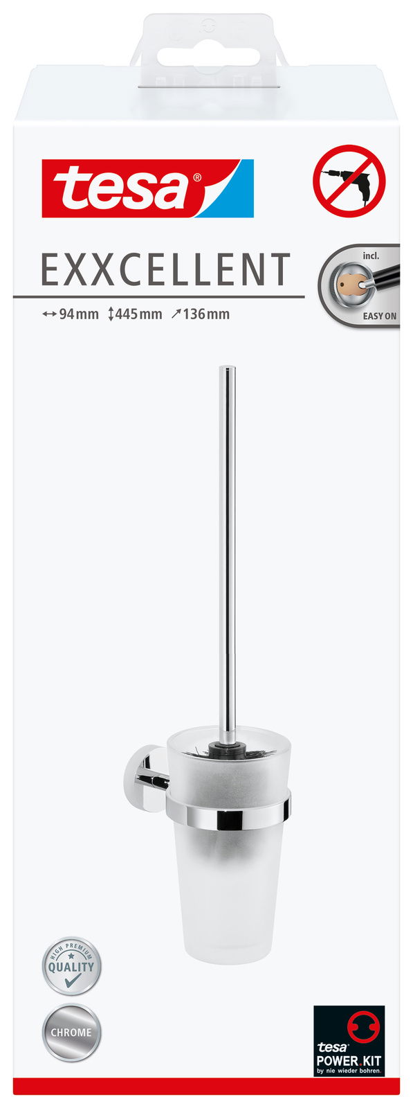 Verpackung der tesa Exxcellent WC-Bürstengarnitur, frontal abgebildet, mit hochwertigem Chrom-Finish und einfachem Montagesystem ohne Bohren.