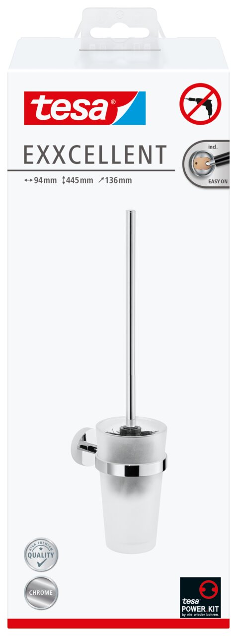 Verpackung der tesa Exxcellent WC-Bürstengarnitur, frontal abgebildet, mit hochwertigem Chrom-Finish und einfachem Montagesystem ohne Bohren.