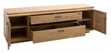 TV-Element aus Holz mit zwei offenen Schubladen und zwei offenen Türen, Perspektive von vorne.