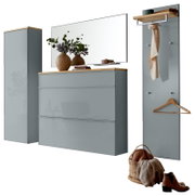 Modernes Garderoben-Set in Grau mit Holzablagen, bestehend aus Kommode mit Spiegel, Hochschrank und Wandpaneel mit Haken und Ablage, in schräger Frontansicht freigestellt