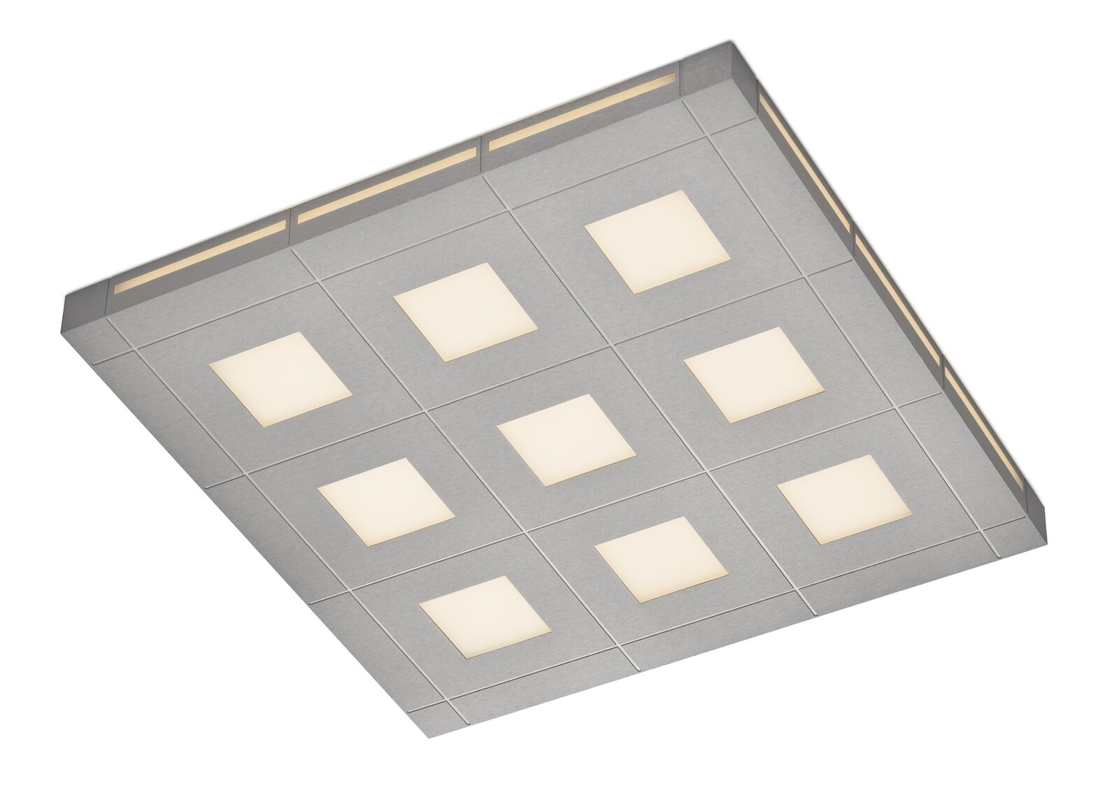 Quadratische LED-Deckenleuchte in gebürsteter Metalloptik mit neun warmweiß leuchtenden Feldern und seitlichen Lichtstreifen, aus schräger Untersicht dargestellt