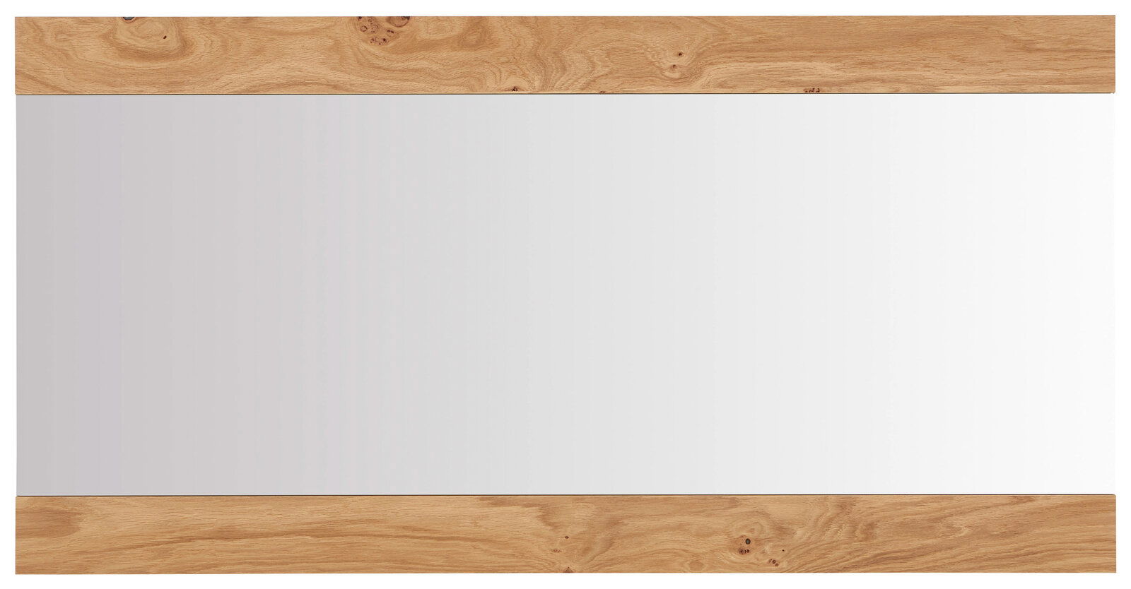 Rechteckiger Wandspiegel mit breitem Rahmen aus hellem Holz oben und unten, Frontalansicht.